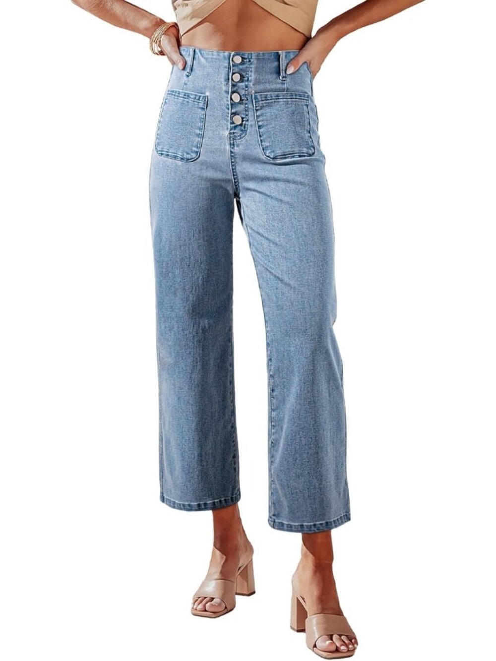 Women's Water  Blue High Waisted Jeans Stretchy Denim Pant Casual Wide Leg Jeans